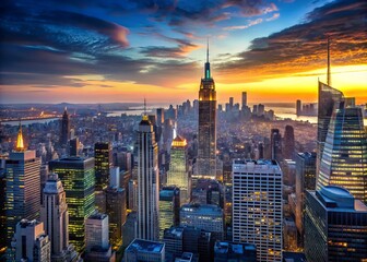 Naklejka premium Panoramic cityscape of iconic New York City skyscrapers and towering high-rises at sunset, with glowing lights and