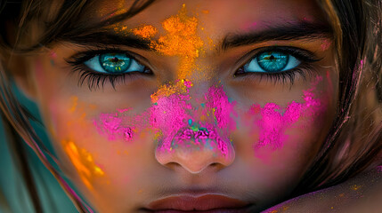 Close-up portrait of a young woman with colorful powder on her face.