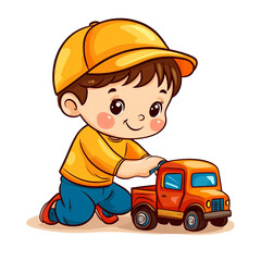 A young boy is playing with a toy truck