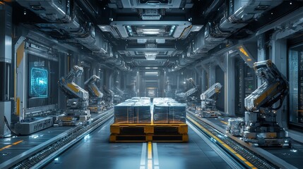 A warehouse scene with a pallet full of glass goods, extra cushioning visible, surrounded by sleek robotic arms organizing the packages, futuristic industrial setting, Blue and metallic tones
