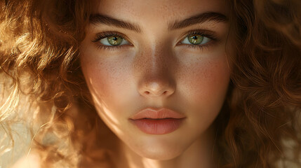 Fototapeta premium Close-up portrait of a young woman with curly red hair, freckles, and green eyes.