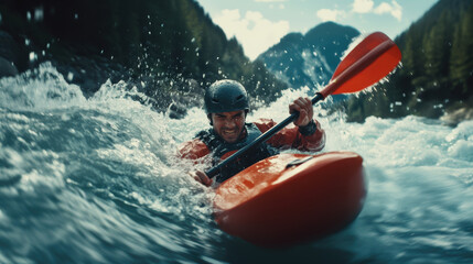 Fototapeta premium A kayaker rafting struggling with water splashes in boat in rapid river in mountain
