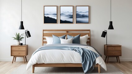 Create a serene and modern bedroom design featuring a wooden bed frame with crisp white bedding