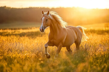 Obraz premium Horse runs in a summer field at sunset.