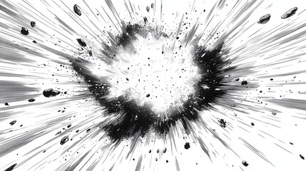 dynamic mangastyle explosion bold black ink lines radiating outward stylized speed lines comic book onomatopoeia stark white background high contrast and energy