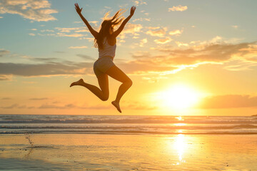 A woman takes a leap on a beach while the sun sets in the background.