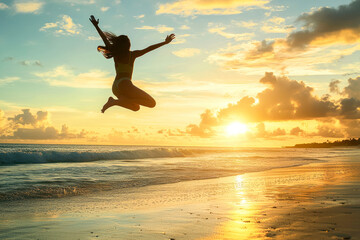 A woman takes a leap on a beach while the sun sets in the background.