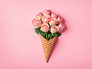 waffle cone with roses bouquet on pink background, flat lay, top view