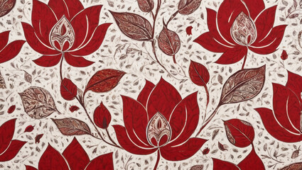 Traditional Indian style lotus flower in white and red with leaves.