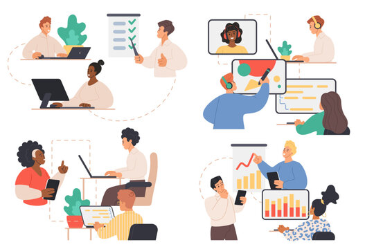 Company workflow with team of managers set. Office teamwork organization and streamline productivity of communication, creative brainstorming process of colleagues cartoon vector illustration