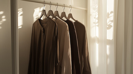 a minimalist and elegant wardrobe display featuring a selection of chocolate-colored clothing items, such as shirts, camisoles, and pants, arranged with a refined simplicity