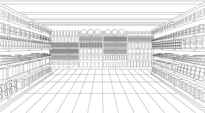 Perspective view of supermarket or store grocery aisle line art. Retail shop inside with shelves row full of goods background, racks of mart interior with product display vector illustration cartoon