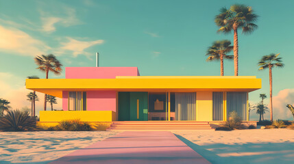 Colorful beach house with palm trees and pink path.