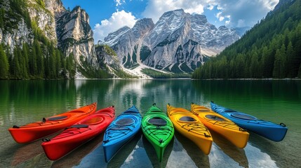 Obraz premium Kayak boat in still quiet lake water with snow mountain forest