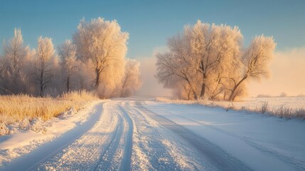 Obraz premium Frost-covered roads in the morning, with soft light illuminating the frosty trees and snow-covered ground, creating a serene winter atmosphere, Serene, Cool Tones, Wide Angle