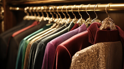 design a wardrobe scene showcasing elegant evening wear, such as satin gowns, velvet blazers, and sparkling accessories