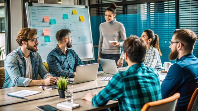 Team of developers in a meeting room with whiteboard sketches of a website, collaborative design process, creative brainstorming.