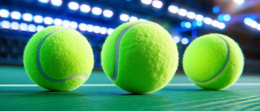 Tennis Focus, Close-up of three neon green tennis balls on a court, Sports Energy. - Powered by Adobe