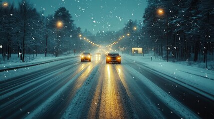 Snow-covered highways at dusk, with cars navigating through a wintery landscape, creating a serene and atmospheric scene, Serene, Cool Tones, Atmospheric