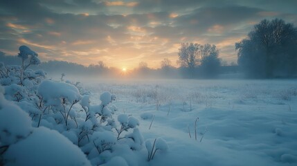 Snow-covered meadows at twilight, with soft light illuminating the snow-covered landscape, creating a serene winter scene, Serene, Cool Tones, Wide Angle