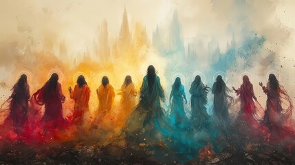 ethereal watercolor disciples twelve distinct figures soft halo effects muted earth tones spiritual aura flowing robes symbolic gestures misty background