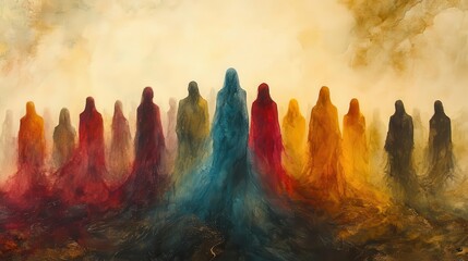 ethereal watercolor disciples twelve distinct figures soft halo effects muted earth tones spiritual aura flowing robes symbolic gestures misty background