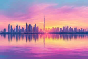 Panoramic Dubai skyline with Reflection in Pastel Sunset colors , ai