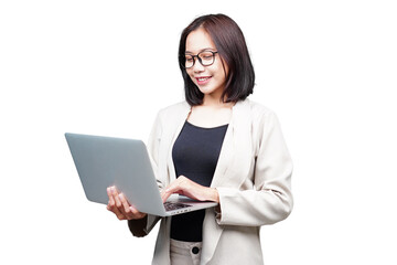Asian Businesswoman with laptop isolated transparent