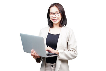 Asian Businesswoman with laptop isolated transparent