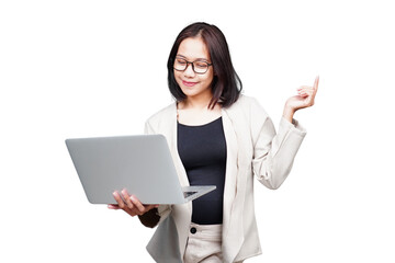 Asian Businesswoman with laptop isolated transparent