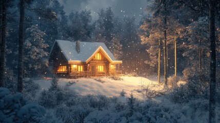 Winter retreat in the woods, with a cozy cabin nestled among snow-covered trees, creating a warm and inviting winter scene, Cozy, Cool Tones, Atmospheric