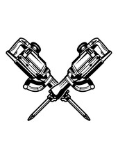 Jack Hammer | Construction Equipment | Road Repair | Demolition Team | Cross Jack Hammer | 2 Jack Hammer | Maintenance | Laborer | Original Illustration | Vector and Clipart | Cutfile and Stencil