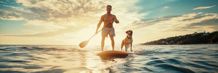 A man doing paddleboarding in water with a dog