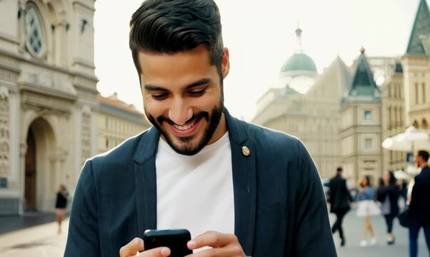 Portuguese Man Smiling While Using Phone in Paris