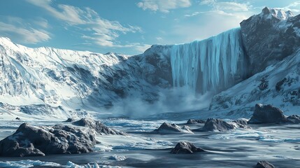 Frozen Waterfall in Icy Mountain Landscape