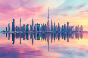 Panoramic Dubai skyline with Reflection in Pastel Sunset colors , ai