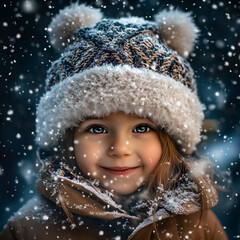 Cute child with happy face wearing a warm hat and warm jacket surrounded with snowflakes in Holiday.