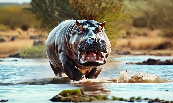 Male Hippo Aggressively Attacking Car &ndash; Intimidating Display in African Wildlife