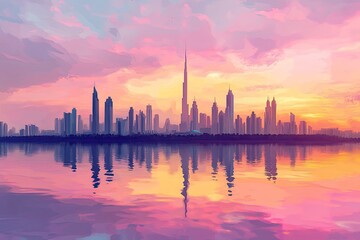Panoramic Dubai skyline with Reflection in Pastel Sunset colors , ai