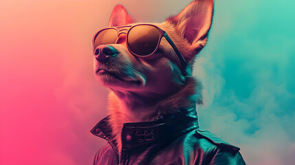 Cool dog wearing sunglasses and a leather jacket.