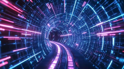 Fototapeta premium Abstract neon lights into digital technology tunnel. Futuristic technology abstract background with lines for network, big data, data center, server, internet, speed. Nice 3D rendering