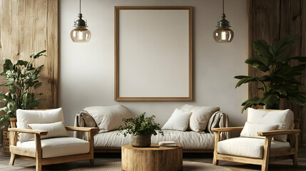Cozy living room with a wooden sofa, two armchairs, a coffee table, and a blank canvas in a wooden frame, hanging lamps with glass shades, and plants.