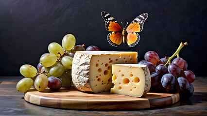 Cheese, grapes and butterfly
