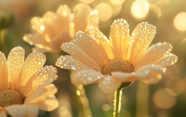 Fototapeta premium autumn flowers with tiny dew drops glistening in the early morning light, soft background bokeh