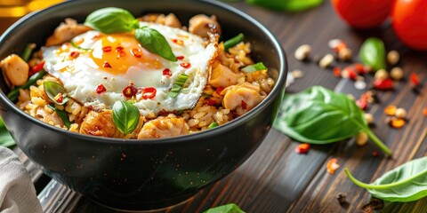 Stir Fried Chicken and Basil Rice with Sunny Side Up Egg in Black Bowl on Wooden Table