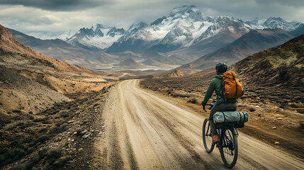 Fototapeta premium Cyclist rides a dirt road through mountains with a backpack.