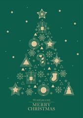 arbol de navidad con elemtos en dorado en fondo verde, ideal para tarjeta o poster