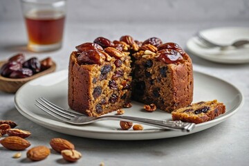 Date Cake: Overhead view of a slice of date fruit cake on a plain white plate, with visible chunks of dates and nuts