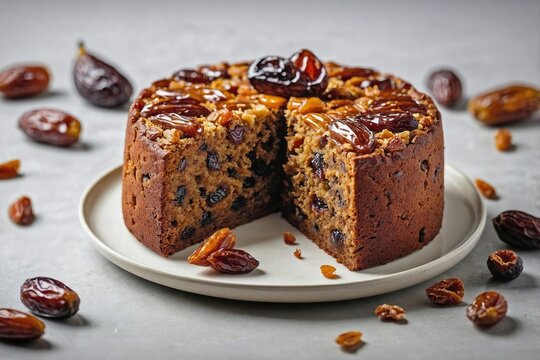 Date Cake: A whole date fruit cake with a slice cut out, revealing the moist texture and rich interior, placed on a plain white background