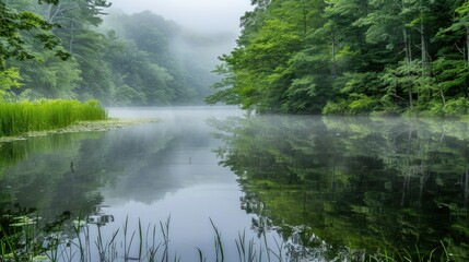Misty Morning Reflections on a Tranquil Lake
